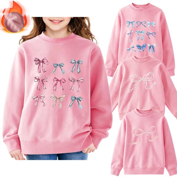 DOZINSIX Girls 4-Pack Crewneck Sweatshirts 2-13Y Bow Print Fall Winter Fleece Lined Warm Cotton Pullover Tops