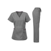 Dagacci Medical Uniform Women's Scrubs Set Stretch Ultra Soft Contrast pocket (Pewter Gray, Large)