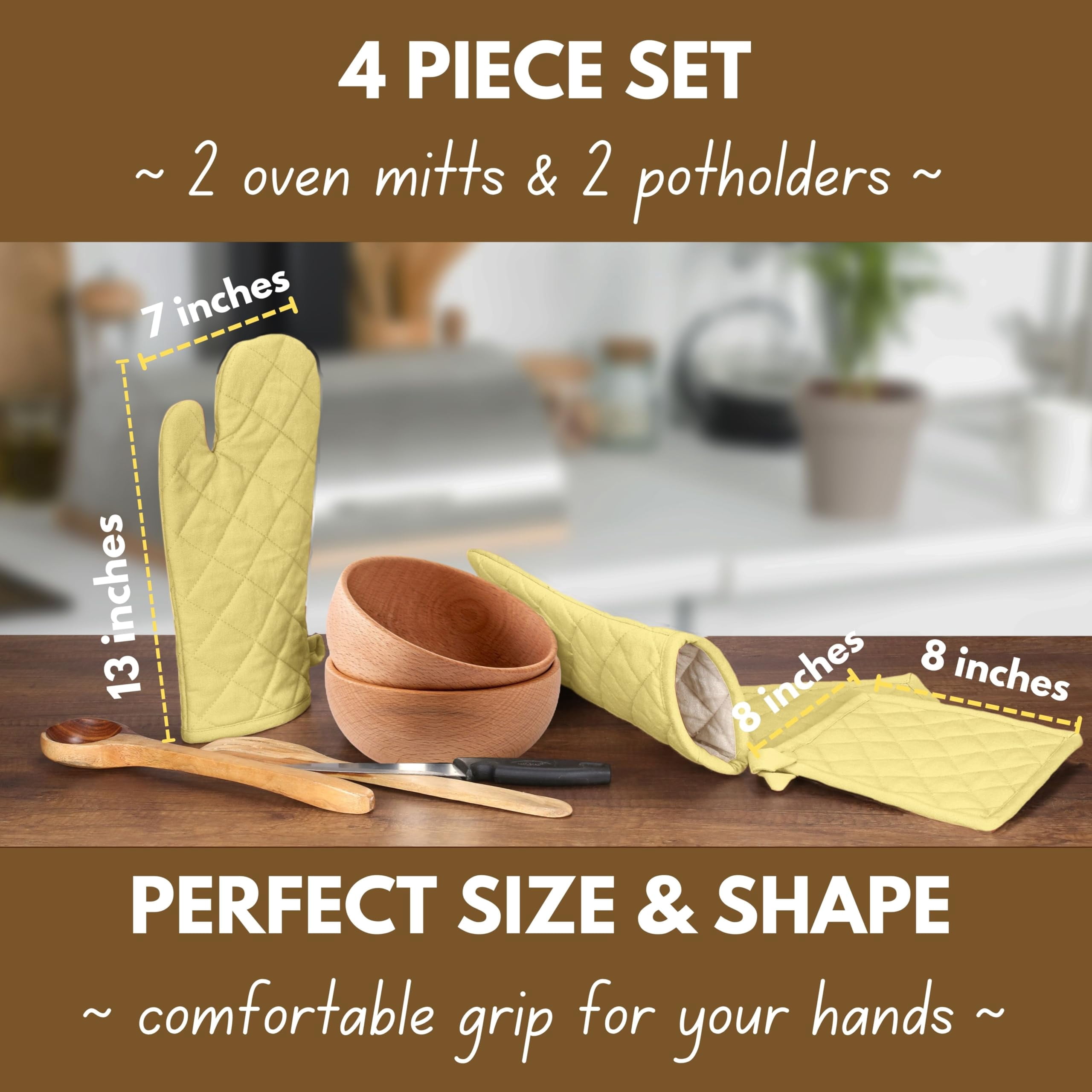 Native Fab Oven Mitts & Potholders Set, Heat Resistant, 100% Cotton, Quilted Design, Non-Slip Grip, Ideal for Baking, Cooking, BBQ, Kitchen Protection - Pale Yellow