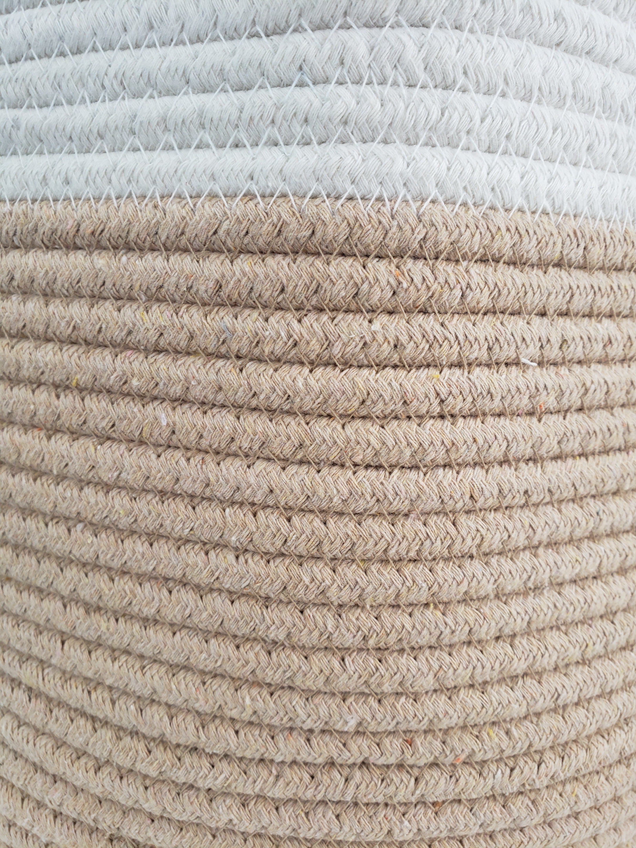 Large Round Blanket Basket, Woven Nursery Cotton Rope Baskets for Storage, Living Room, Toy Organizing with Handles - 12"x12”-White and Tan