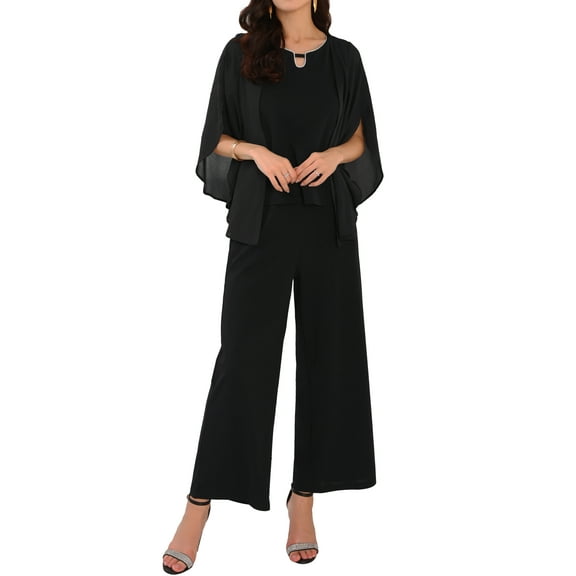DARING DIVA Women's 2 Pieces Chiffon Top Mother of Bride Pants Suits M Black