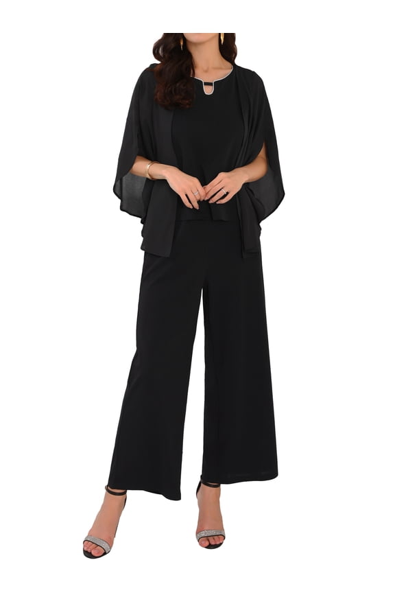 Women's Dressy Pantsuits Wedding 2 Piece Sets Formal Chiffon Top XL Black