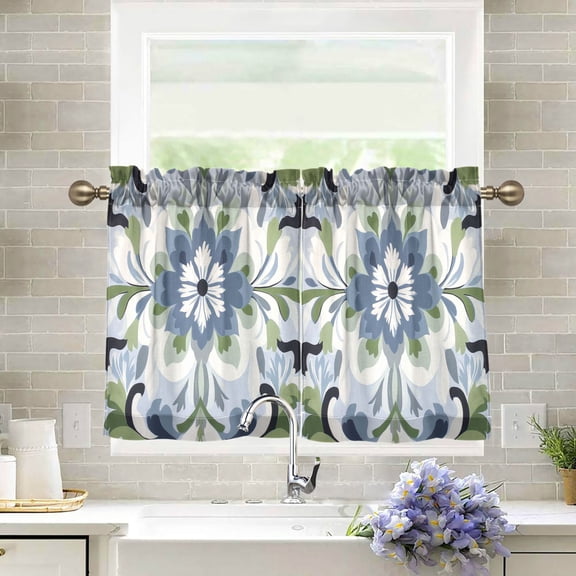 Yayeee Kitchen Curtains Tier Pair Light Filtering 27"x24" Rod Pocket Short Cafe Window Panel, Green Floral