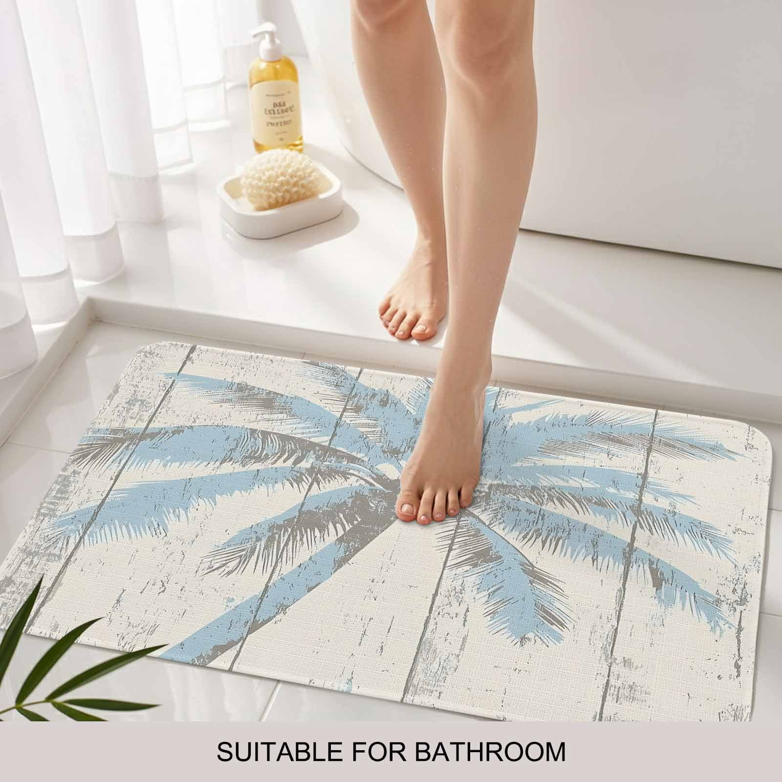 Blue Palm Tree Doormat Outdoor Entrance 16"x24", Tropical Beach Antique Wood Grain Summer Absorb Moisture Dirt Door Mats, Non-Slip Rubber Backing Floor Mats Indoor, Low-Profile Front Door Rugs