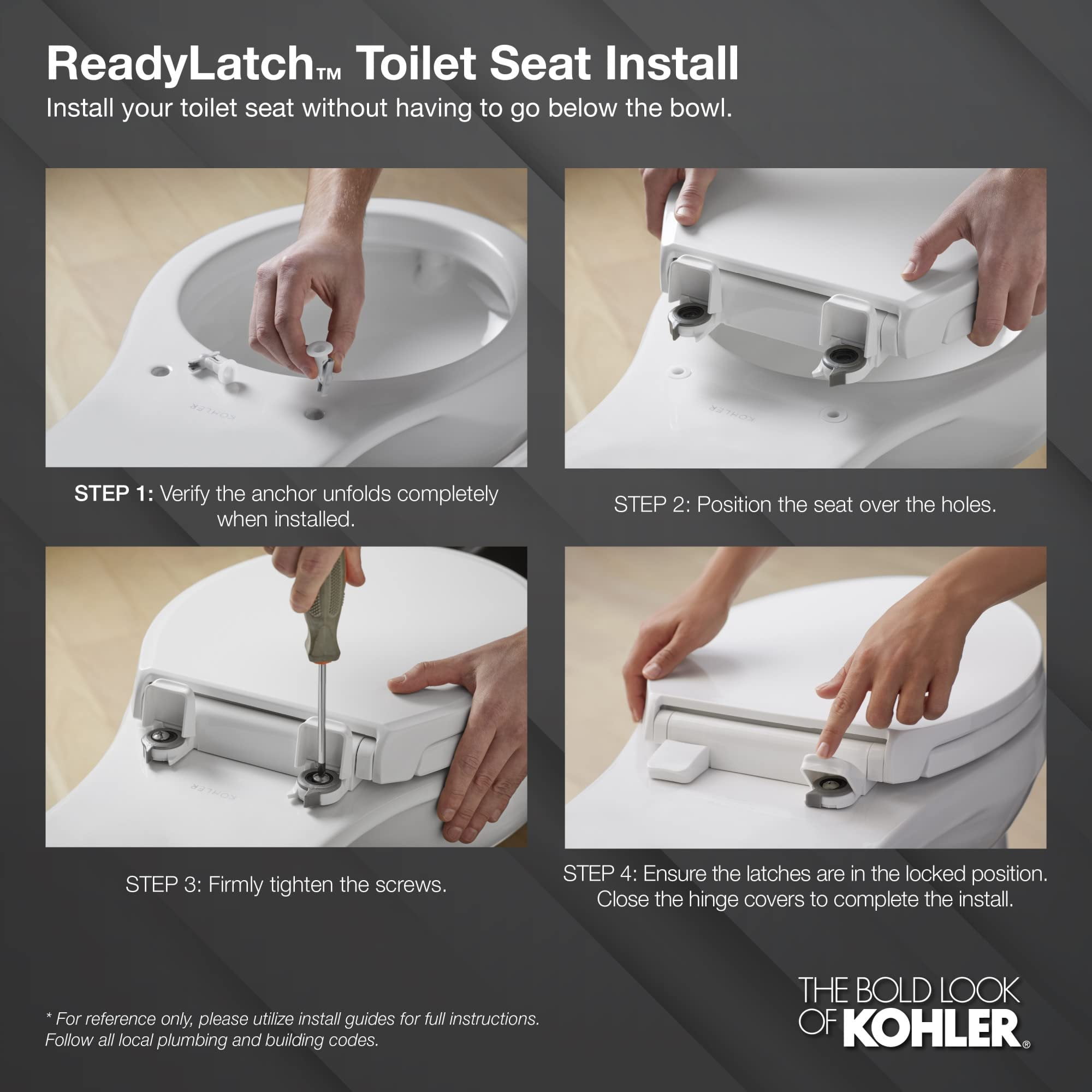 KOHLER 78052-RL-0 Rutledge ReadyLatch Quiet Close Rount Toilet Seat, Slow Close Lid and Seat, Grip-Tight Bumpers and Installation Hardware, White