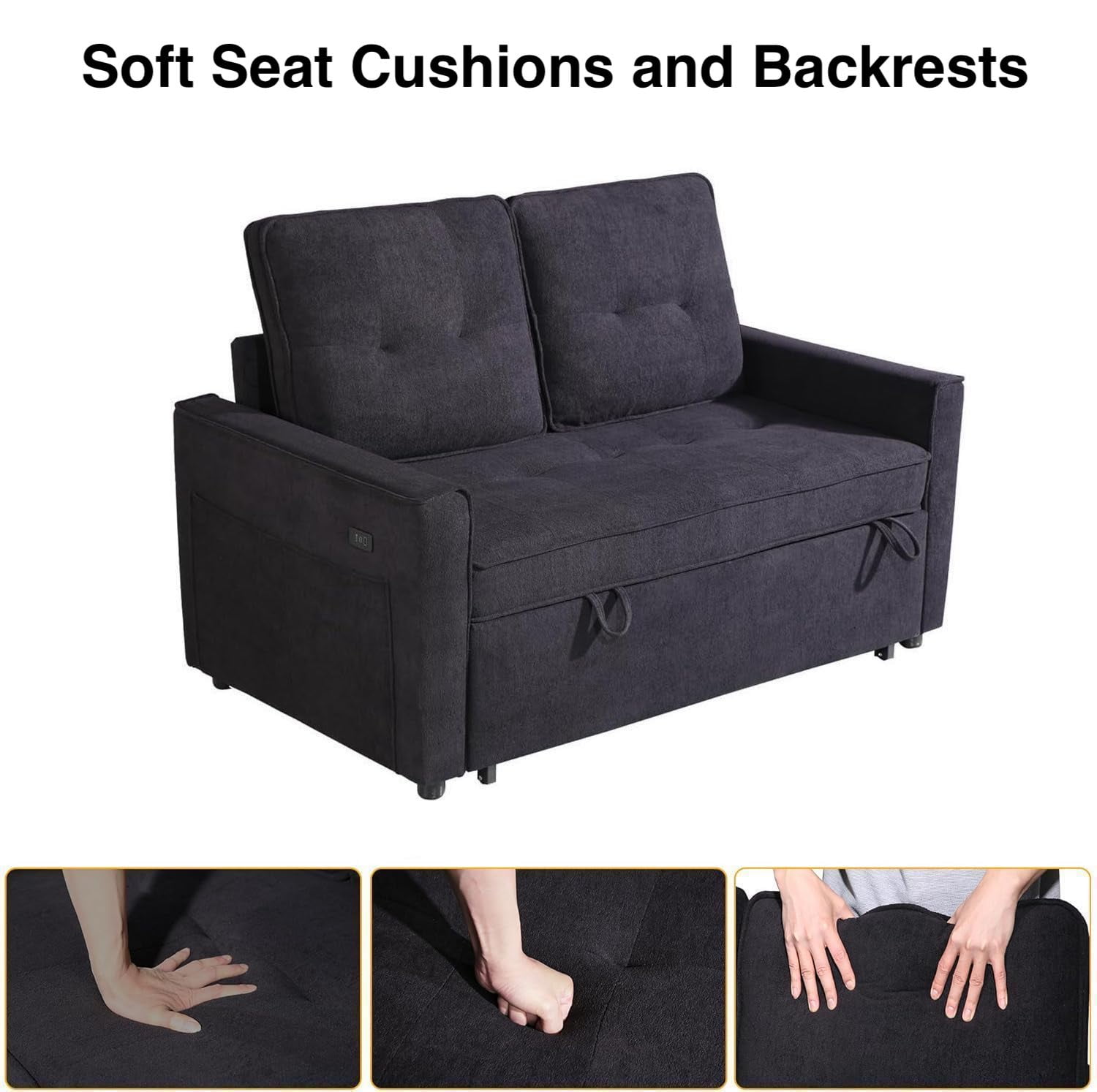 TiramisuBest 3 in 1 Sleeper Sofa Bed, 55'' Convertible Pull Out Couch with Side Pockets, Loveseat Sleeper Sofa with Adjustable Backrest for Living Room Bedroom Apartment (Black)