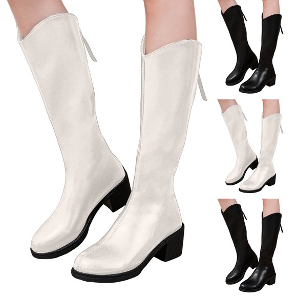 Pandaie Womens Knee High Boots Cowboy Cowgirl Western Boots Chunky Heel Slouchy Winter Dress Shoes with Zipper Black 7