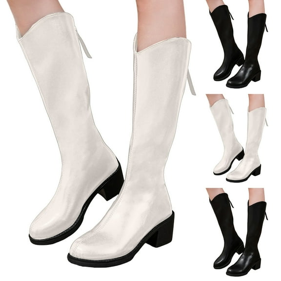 Dakaela Women's Knee High Boots Wide Calf Pull on Cowboy Boots Chunky Heel Western Dress Fall Winter Shoes Black 6.5