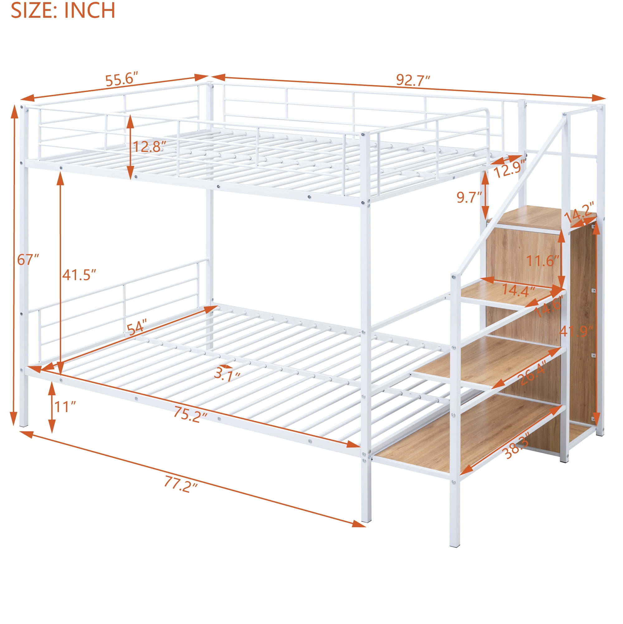 Euroco Metal Full over Full Bunk Bed with Staricase and Open Wardrobe, White