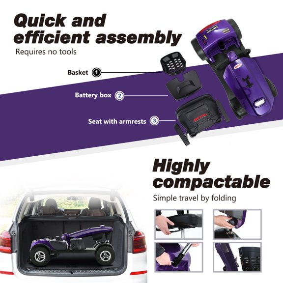 Outdoor Compact Mobility Scooter for Adults with 16 Mile Range, Dual 20AH Batteries, Cup Holders & USB Port - Dark Purple 4-Wheel Design