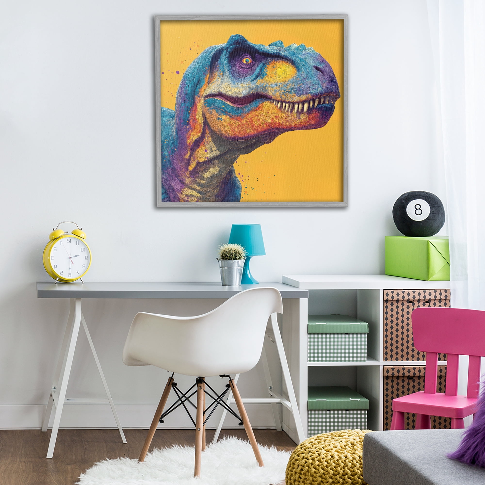 Stupell Industries Vibrant T-Rex Portrait Gray Framed Giclee Art, design by Wumples