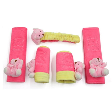 Rear Seat Belt - Pink Red Bear Decor Shift Knob Seatbelt Rear View Mirror Handbrake Cover 5 in 1