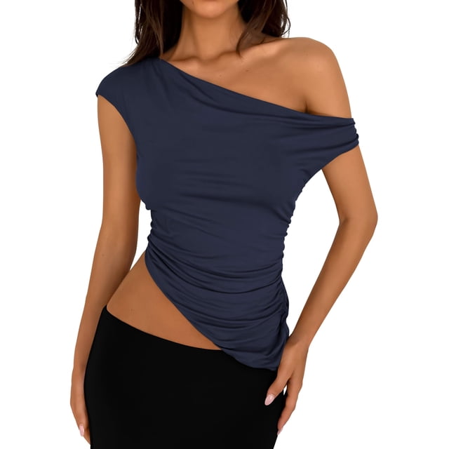 Remera PRETTYGARDEN 2025 Verano Crop Top Hombro Descubierto Navy XL