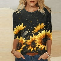 miqiqism Woman Sunflower Tshirts 3/4 Sleeve Tunic Tops Teen Girls Crewneck Blouses Loose Basic Tees Summer Lightweight Outfit Spring Plus Size Clothing,01_Black,X-Large