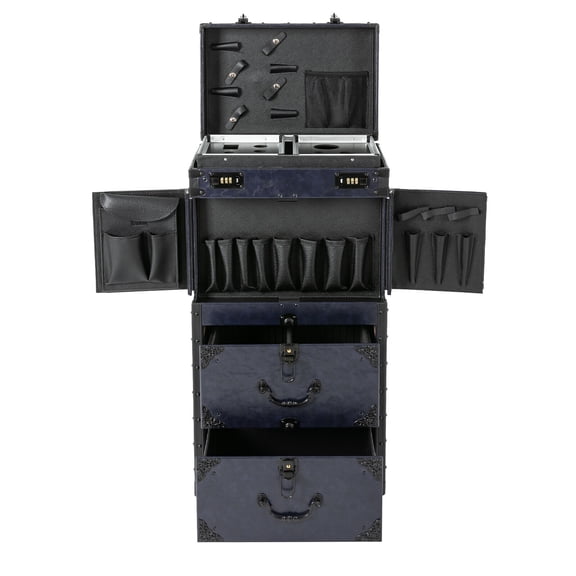 ToppiJoy Rolling Lockable Makeup Train Case, Large Cosmetic Organizer Train Case with 360° Swivel Wheels Blue