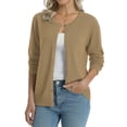 thumbnail image 3 of QUALFORT Women's 100% Cotton Lightweight Button-Front Cardigan Sweater, Crew Neck Long Sleeve Knit, Khaki L, 3 of 8