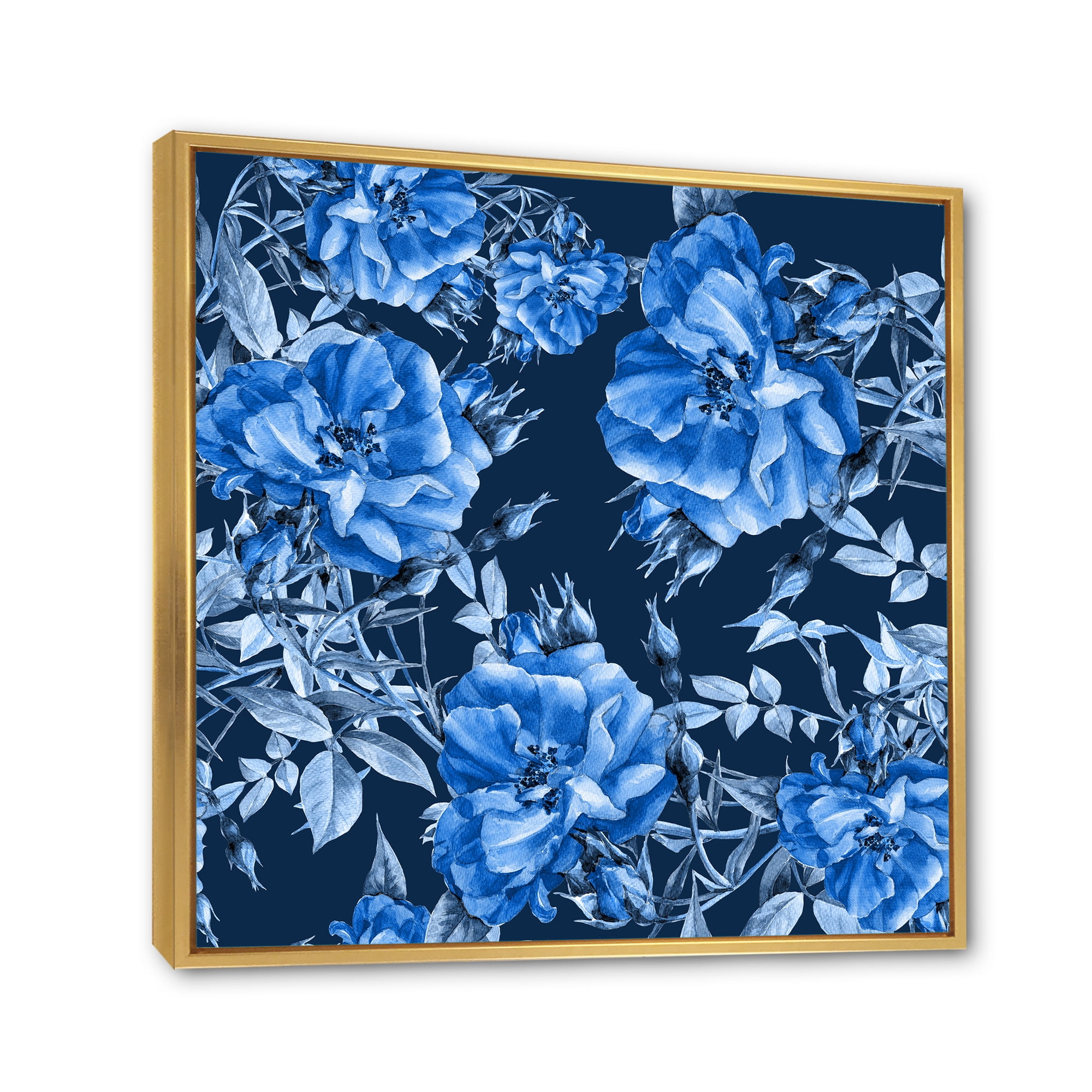 Abstract Blue Wildflowers 16 in x 16 in Framed Painting Canvas Art Print, by Designart