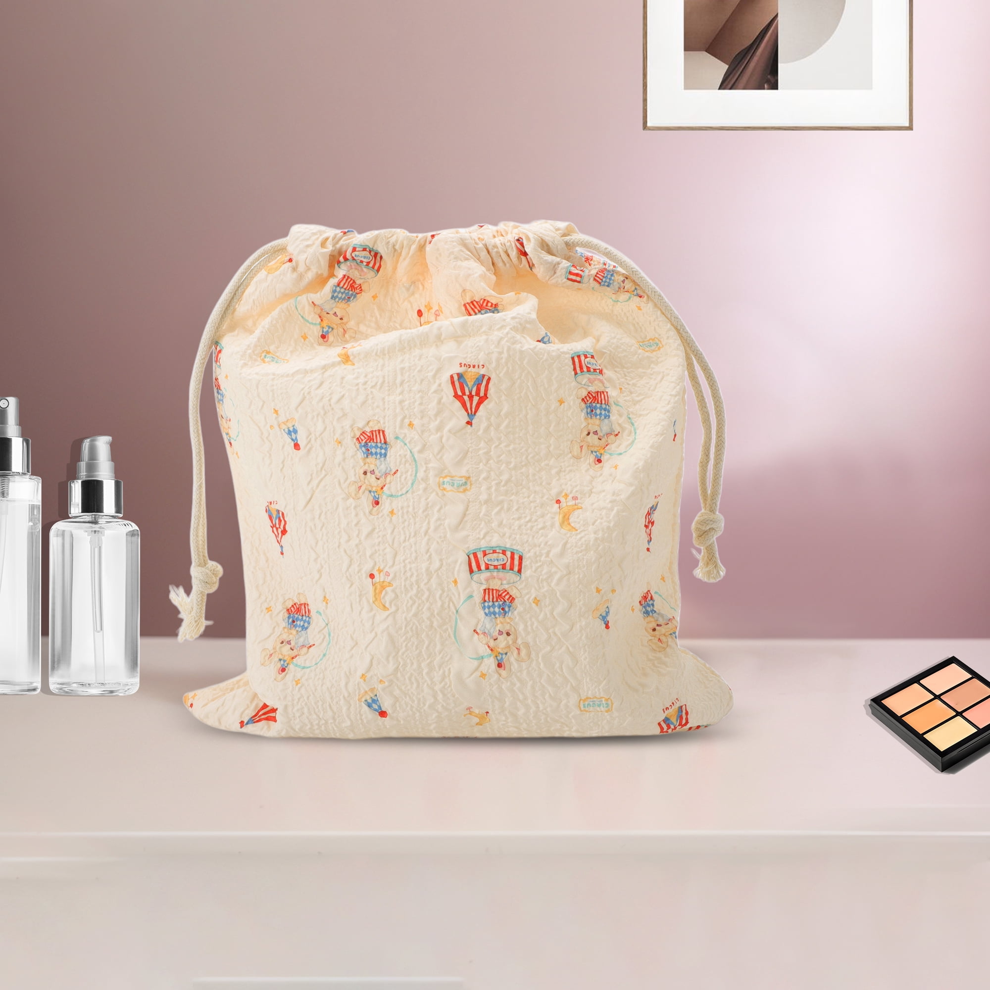 Unique Bargains 1 Pc Music Box Rabbit Drawstring Makeup Bag for Travel Beige 9.84 in