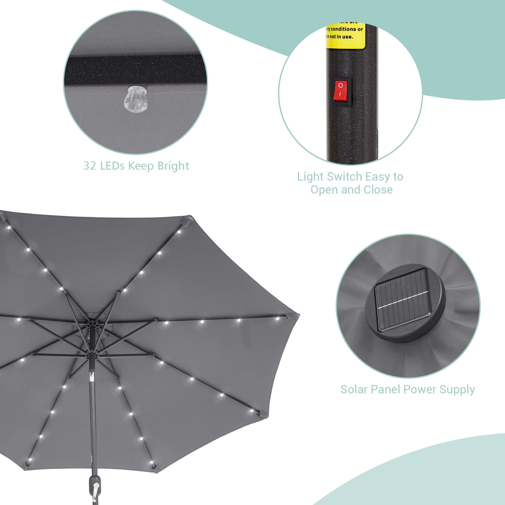 CHYVARY 9ft LED Round Patio Umbrella Outdoor Table Umbrella for Deck, Poolside and Garden, Cold Gray