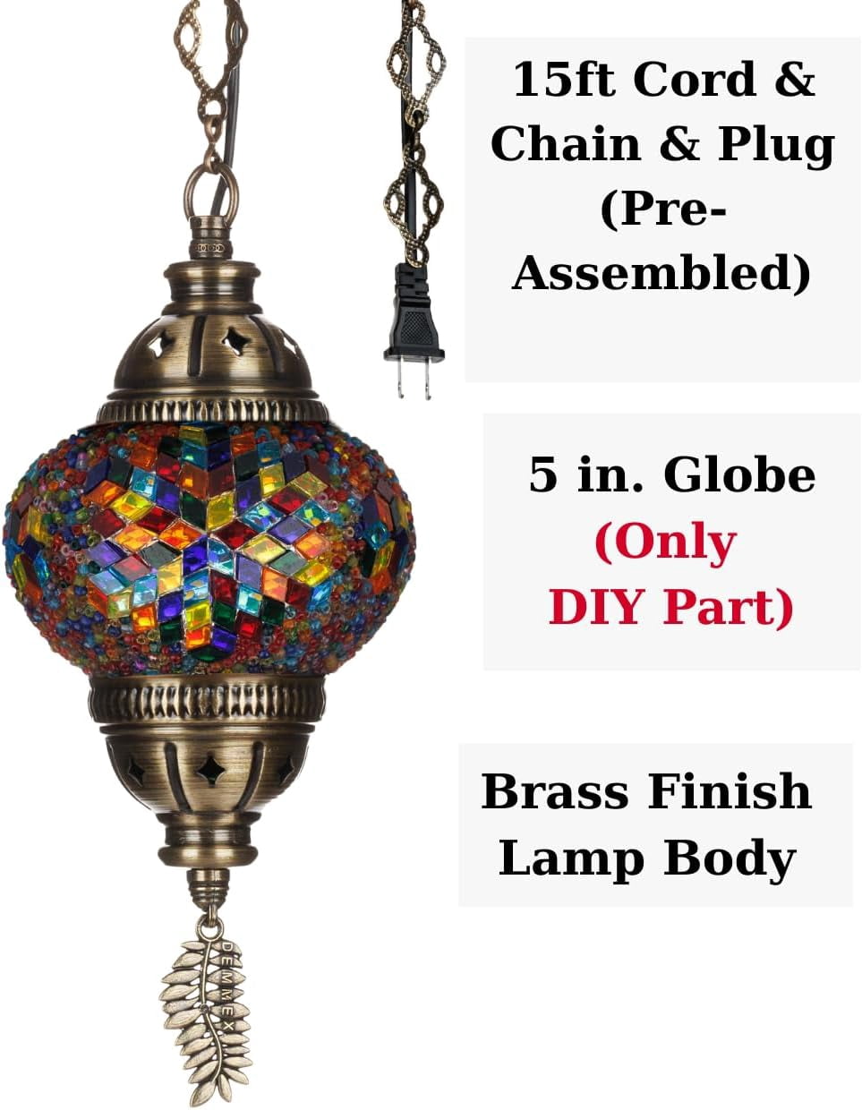 DEMMEX DIY Turkish Mosaic Plug-in Hanging Lamp Kit – NO Grout or Plaster, Beginner-Friendly – Complete Tiffany Mosaic Glass Light-Making Craft Project Kit for Adults and Teens (Multicolor)