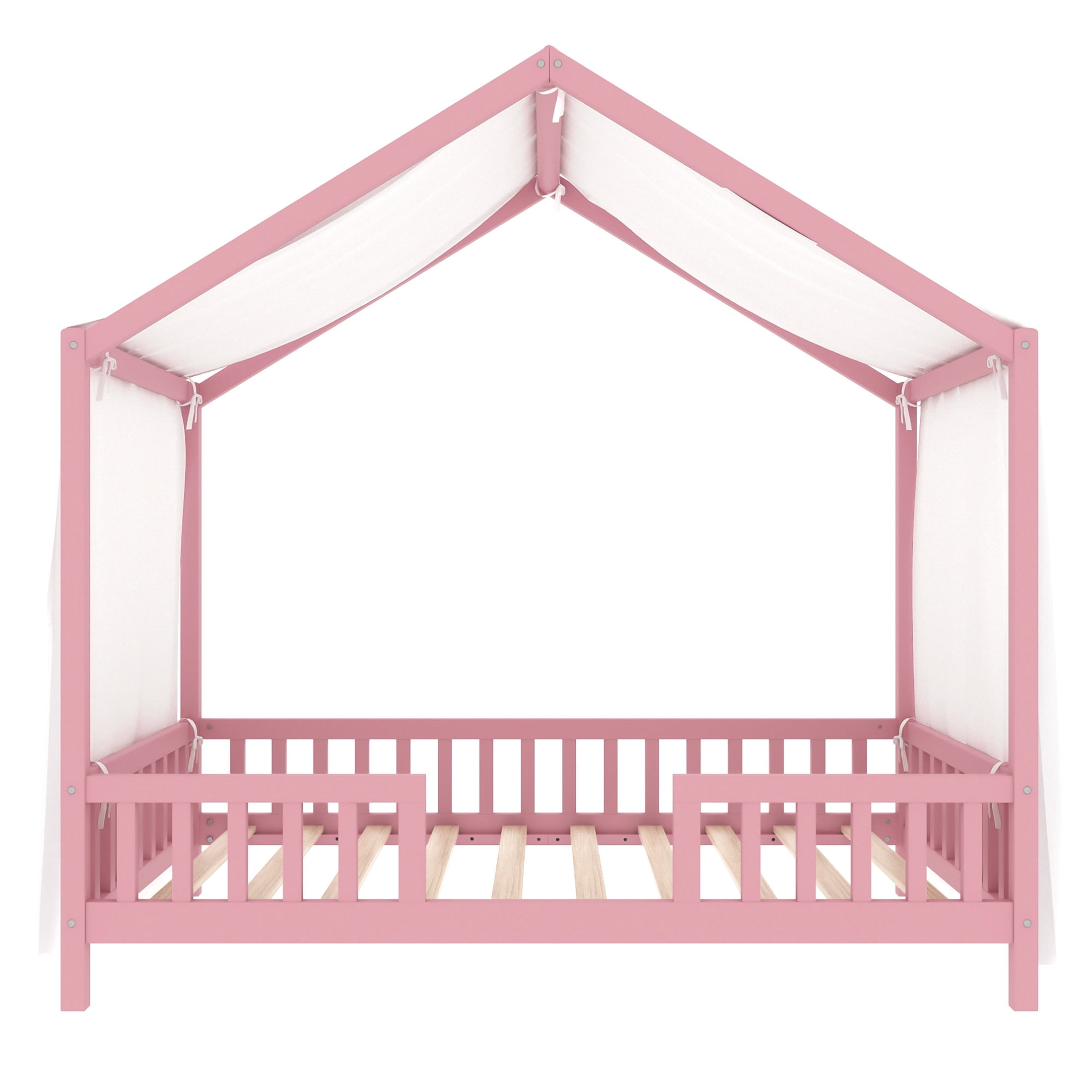Noble House Twin Floor Bed with Canopy and Guardrails, Wood House Bed Frame for Kids, Pink