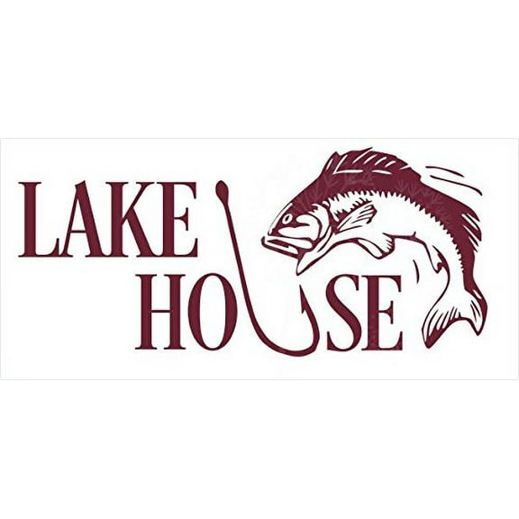 Lake House with Hook & Fish Wall Decals Camping Wall Décor, Burgundy, 23x10-Inch