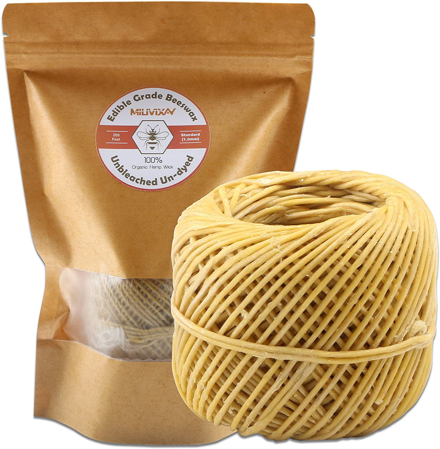 MILIVIXAY 100% Organic Hemp Candle Wick with Natural Beeswax Coating, 200  FT Spool, Standard Size (1.0mm)+ Wick Sustainer Tabs (200PCS).