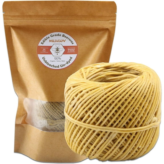 MILIVIXAY Hemp Wick with Natural Beeswax Coating, Edible Grade Beeswax, 200 FT Spool, Standard Size (1.0mm),Unbleached, Un-Dyed and 100% Organic, Perfect Alternative to Butane Lighters and Matches