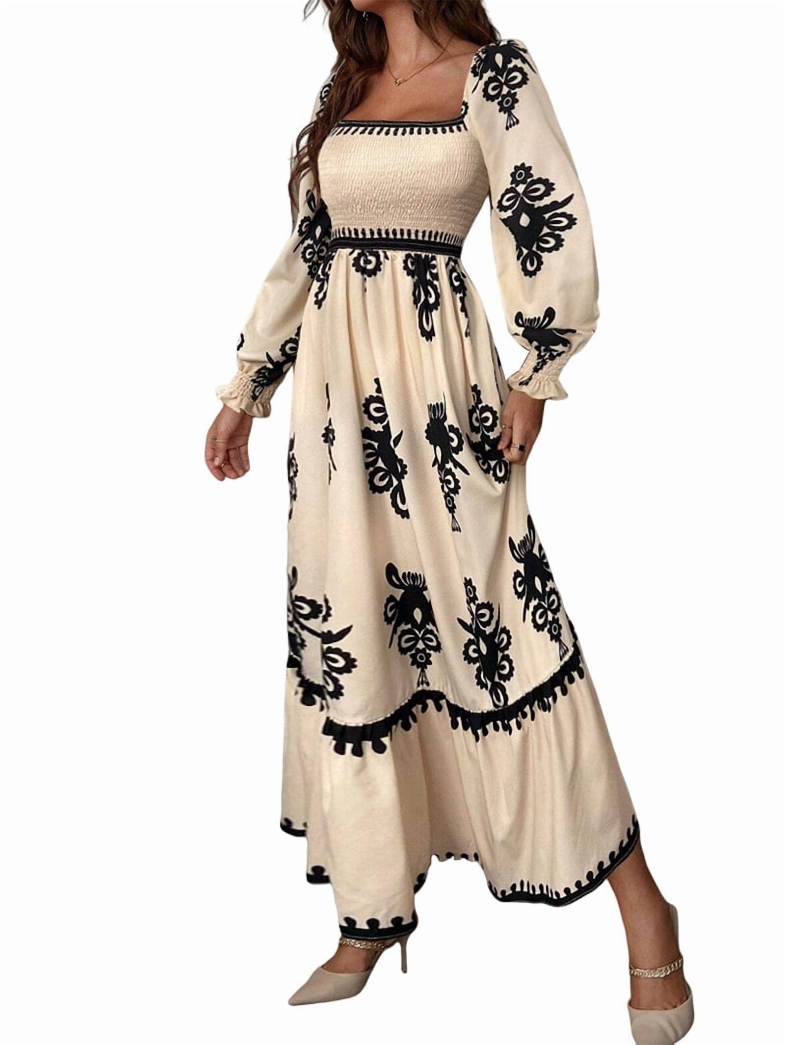 Women'S Autumn Wedding Guest Dress Bohemian Floral Long Sleeve V-Neck Flowing Elegant Maxi Dress Beachwear S