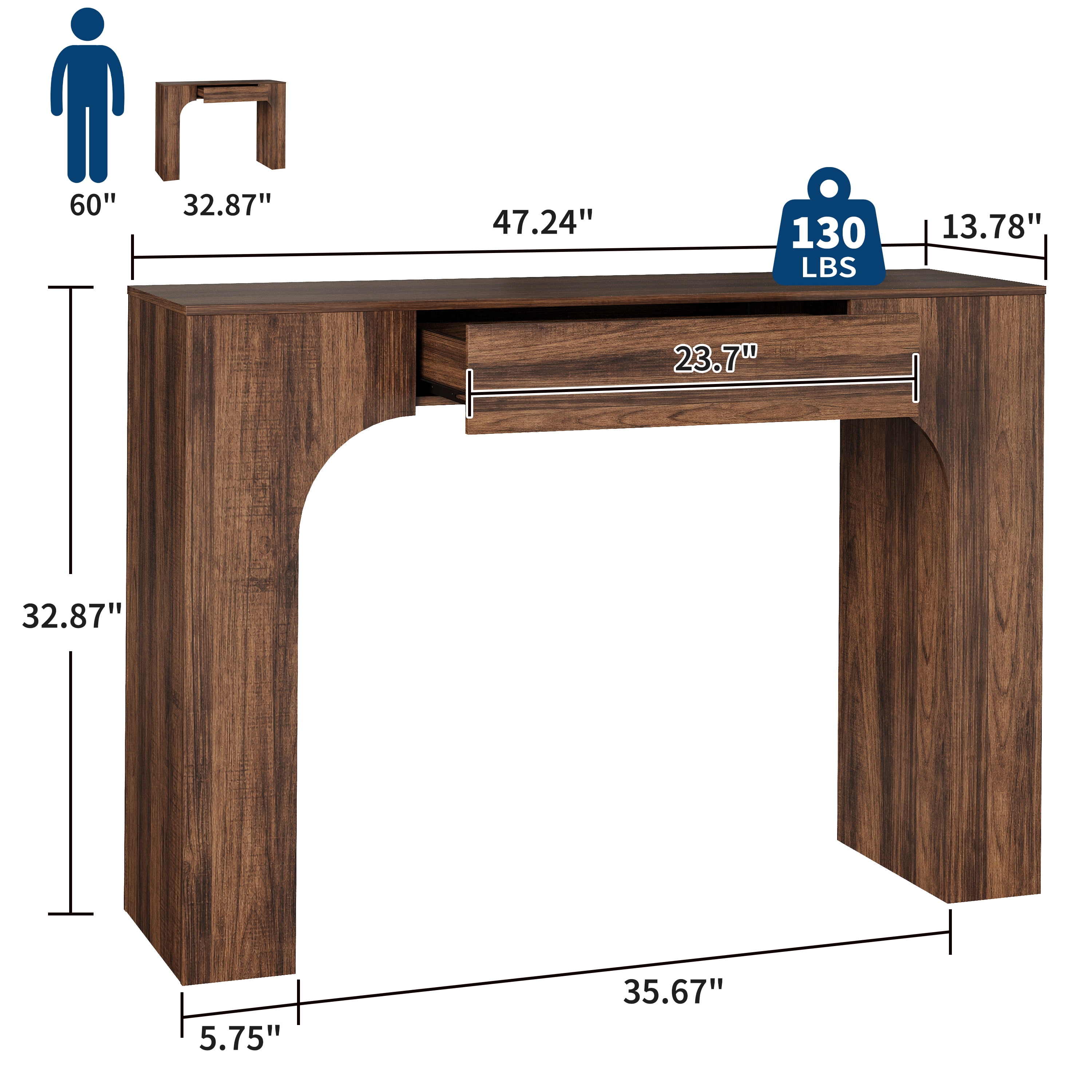 47" Long Console Table with Drawer, Narrow Entryway Table with Anti-Tipping Kit, Farmhouse Walnut Sofa Table for Hallway, Living Room, TV Stand, Vintage Brown