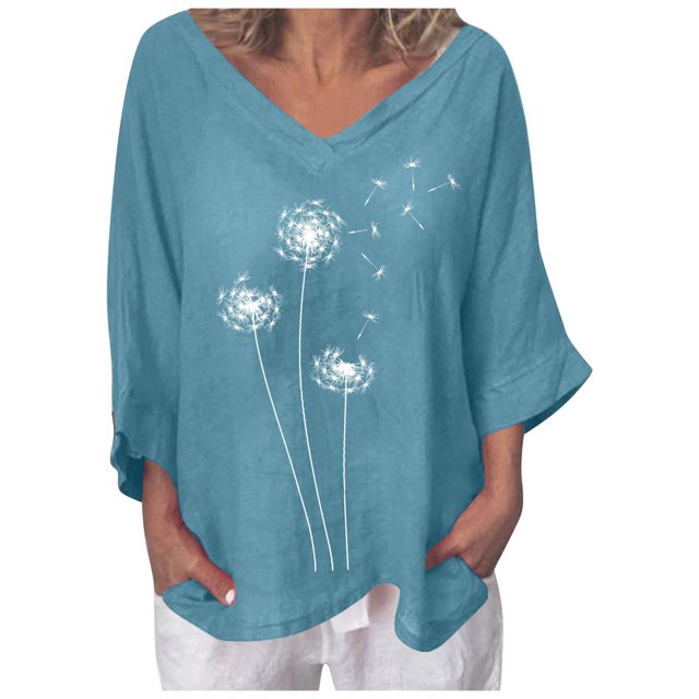 Blouse pour Femmes Col en V Manches 3/4 Coton Lin avec Imprimé Pissenlit