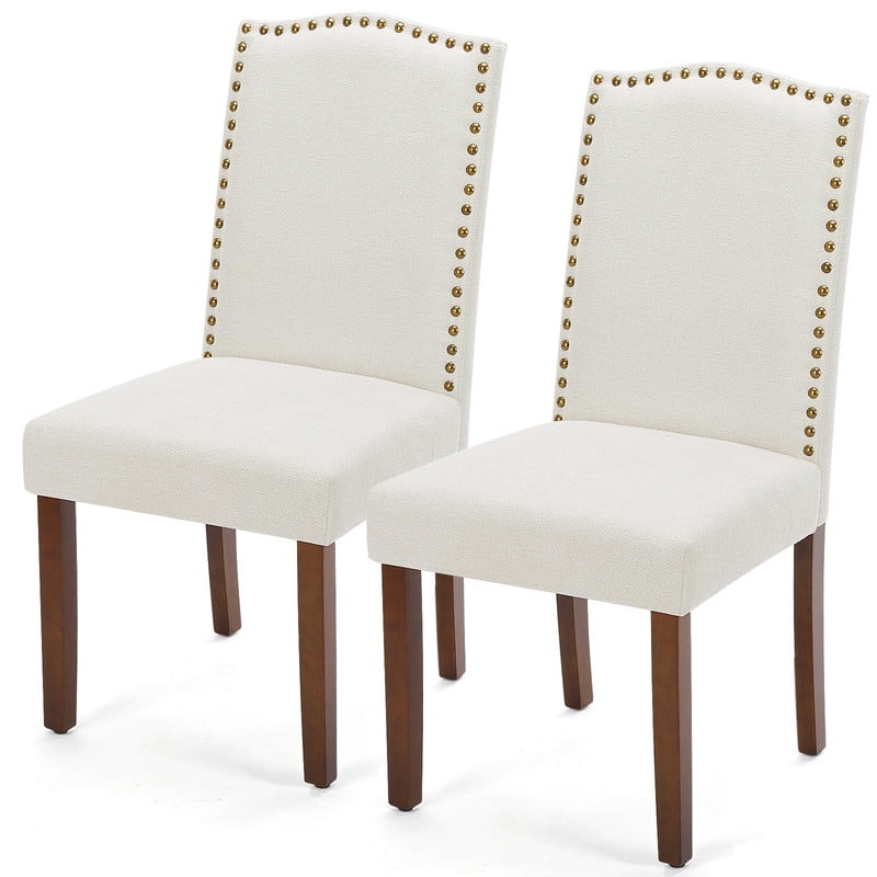 BEAUTYPEAK Dining Chairs Set of 2 Upholstered Parsons Chairs with Nailhead Trim Padded Linen Seats and Wood Legs, Beige