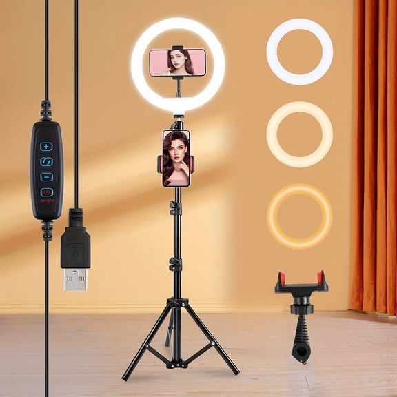 10-inch Diameter Ring Light with 43-inch Retractable Tripod, Dimmable LED Ring Light for Selfie Camera Photography Makeup Vlogging Live Streaming