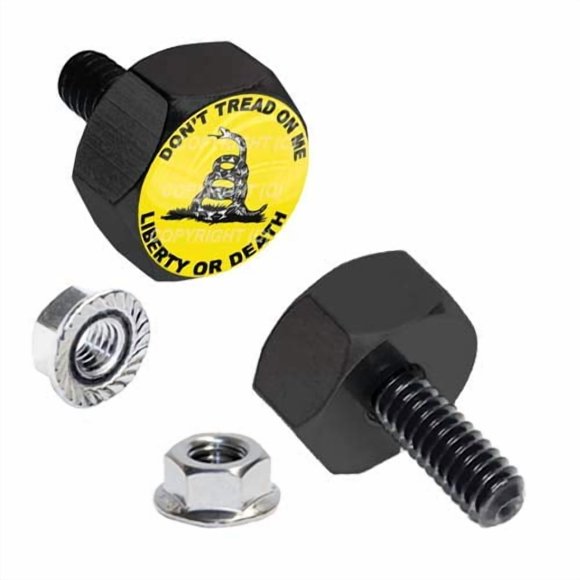 TRICKTOPPERS Hex Head Vivid Black Billet Aluminum Universal Motorcycle License Plate Frame Fastener Tag Bolt Kit with High Resolution Gloss Graphics - Military Veteran Do Not Tread On Me (2 Pcs)