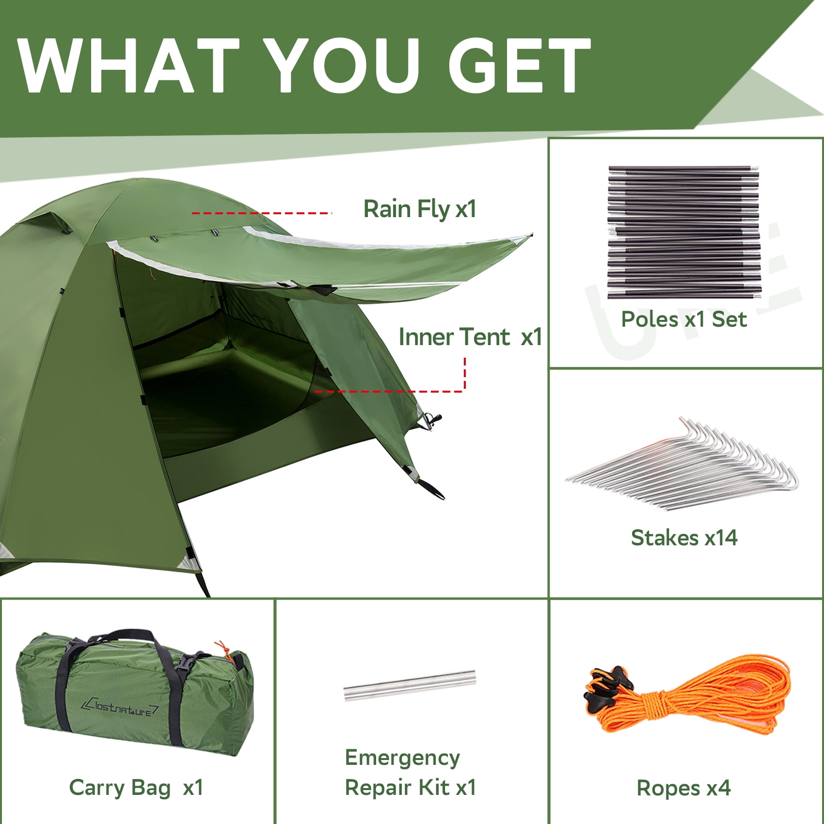 Tesleader Lightweight 2-Person Backpacking Tent, 3 Season Ultralight Waterproof Camping Tent, Green