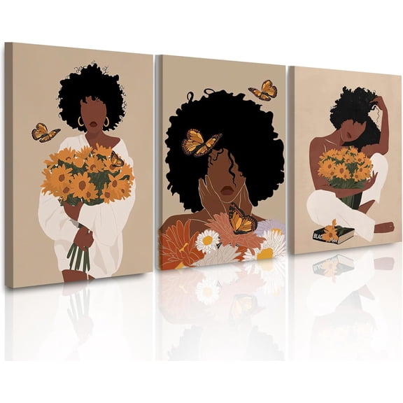 FCCUYE - 3 Piece Abstract African American Wall Art for Living Room Colorful Flower Hair Picture Floral Poster for Bathroom Black Girl Wall Art Canvas Prints Painting for Female Gifts 20x28inch