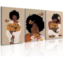 FCCUYE - 3 Piece Abstract African American Wall Art for Living Room Colorful Flower Hair Picture Floral Poster for Bathroom Black Girl Wall Art Canvas Prints Painting for Female Gifts 20x28inch