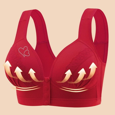 Ndbuld Plus Size Underwear Ladies Traceless Comfortable No Steel Ring Breathable Gathering Front Opening Buckle Bra Woman Underwear Clearance Event XXXL Red