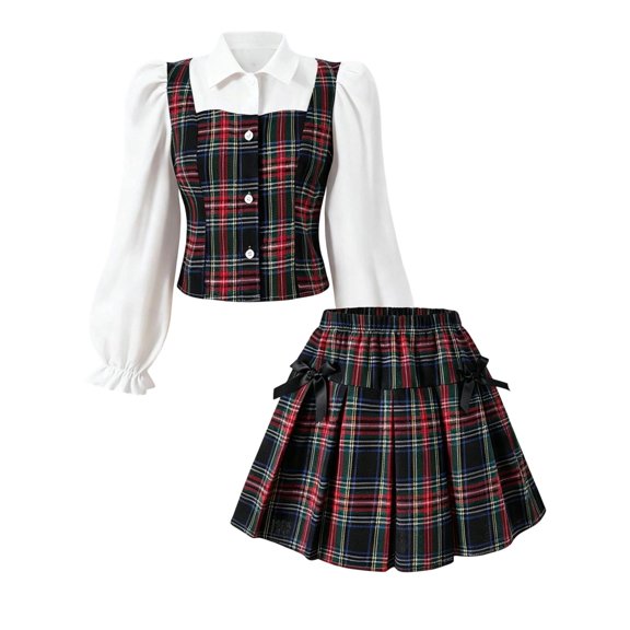 Girls Preppy Plaid 2‑Piece Outfit Set Puff Long Sleeve Shirt Vest Top Bow Elastic Waist Pleated Skirt Kids Academy Style Clothing for School Performance Daily Wear(White,12-13 Years)