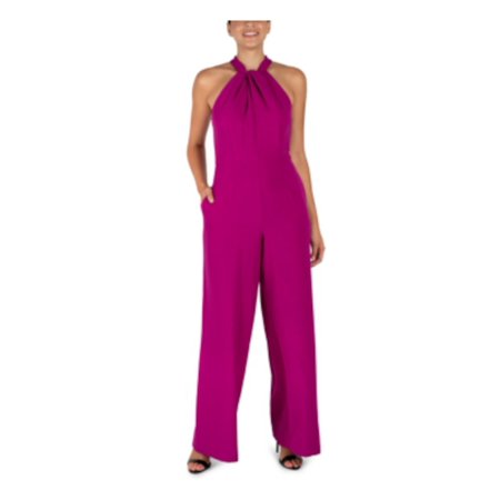 JULIA JORDAN Womens Purple Zippered Twist-front Sleeveless Halter Cocktail Wide Leg Jumpsuit 8