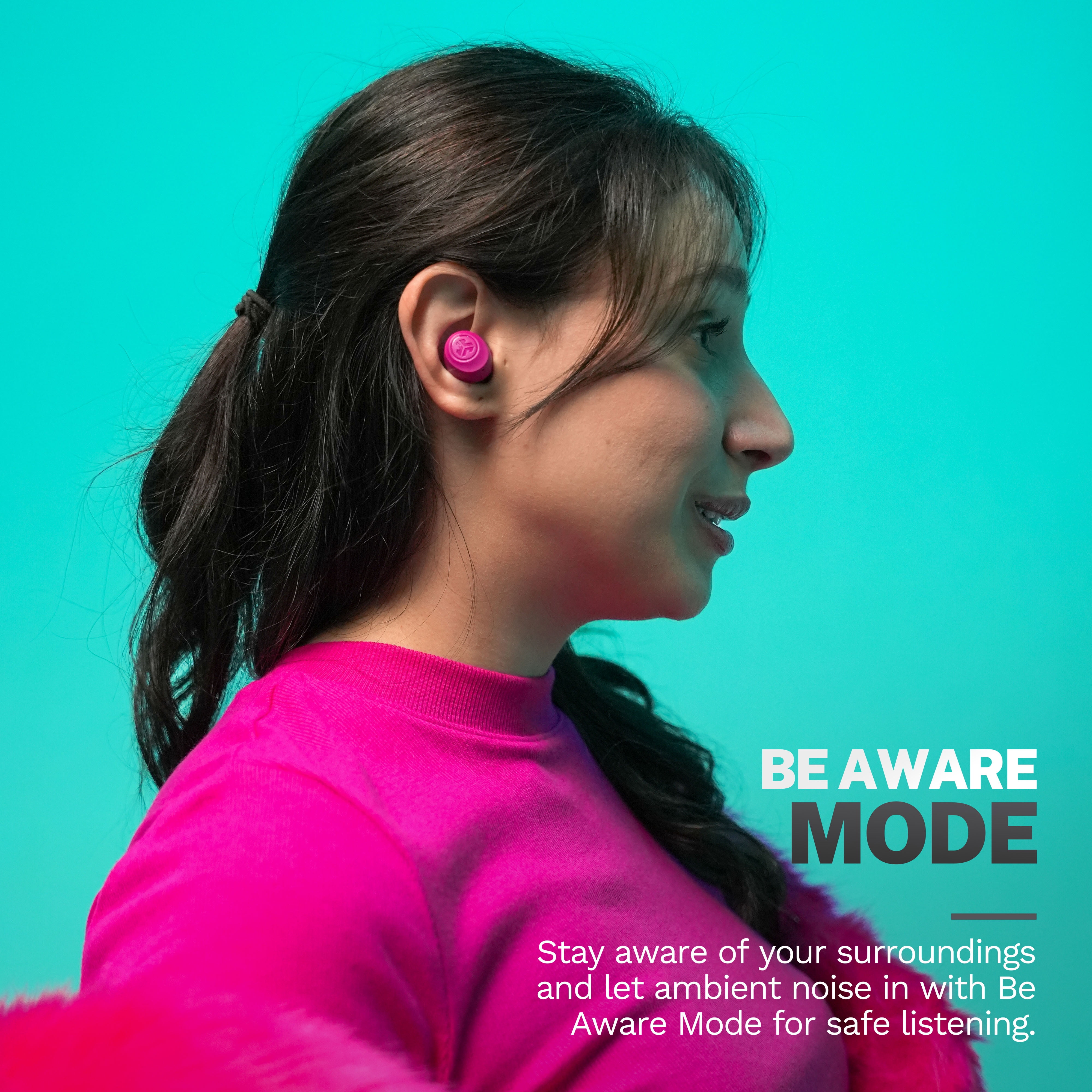 JLab Go Pop+ True Wireless Earbuds, Dark Pink, Bluetooth, IPX4, Be Aware Mode, Customize Sound, Controls