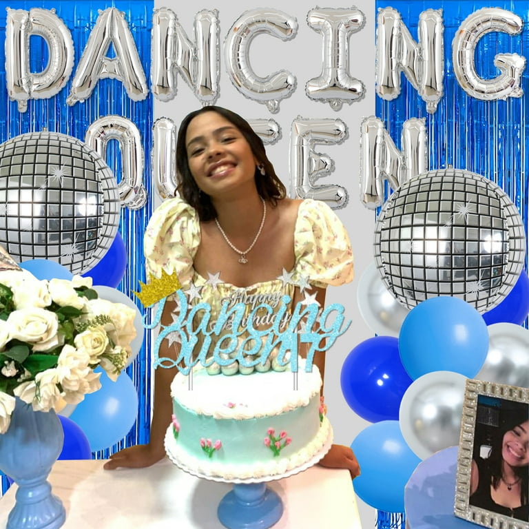 Dancing Queen 17th Birthday Party Decorations Mamma Mia Party Decorations  for Girls - Disco Ball Balloons, Blue Tinsel Foil Curtain, Crown 17