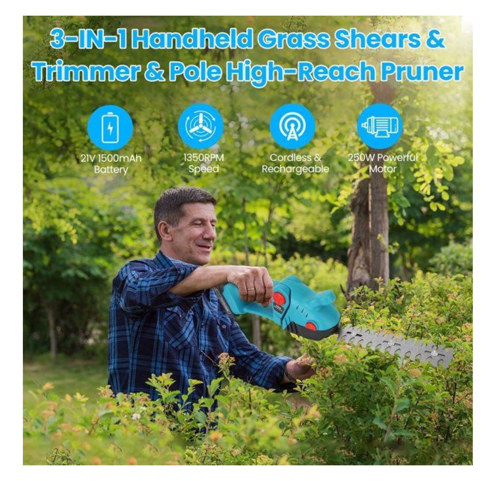 3 In 1 Multifunctional Mini Hedge Trimmer & Grass Shear Electric Cordless Handheld Hedge Trimmer with 90° Rotatable Head Telescopic Extension Pole Gloves Goggles 2Pcs 21V Batteries