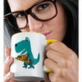 thumbnail image 2 of 3drose, Funny Cute T-rex Dinosaur Eating Pizza Slice Primitive Art Cartoon, 11oz Two-tone Yellow Mug, 2 of 6