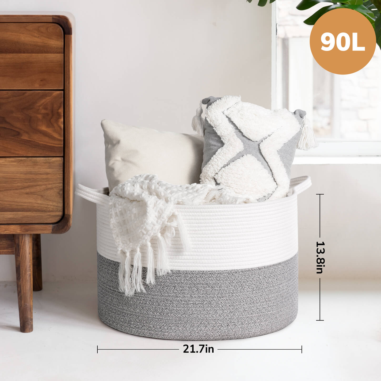 Timeyard Large Woven Laundry Hamper Basket - Decorative Storage Organizer for Living Room, Holds Toys Pillows Blankets Clothes - 21.7" x 21.7" x 13.8"-Light Grey