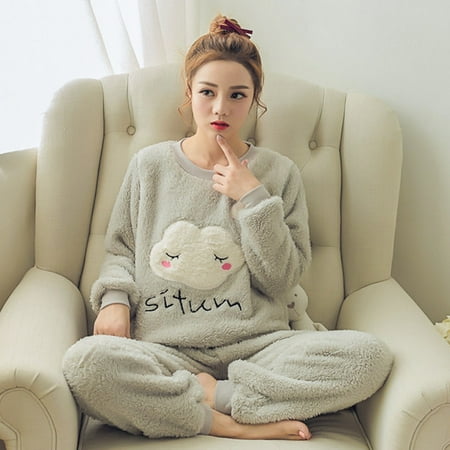 

Autumn Winter Warm Flannel Women Pyjamas Sets Thick Coral Velvet Long Sleeve Cartoon Sleepwear Thin Flannel Pajamas Set
