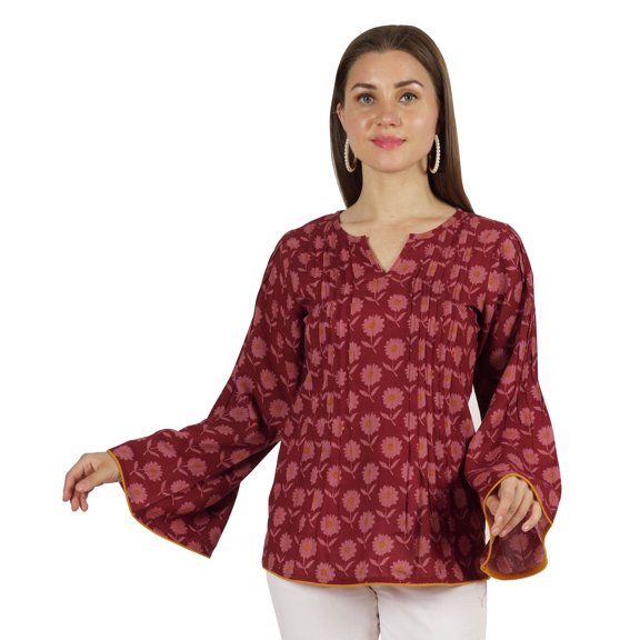 Moomaya Printed Top Full Sleeve Pleated Rayon Kurta Short Tunic Summer Blouse For Women