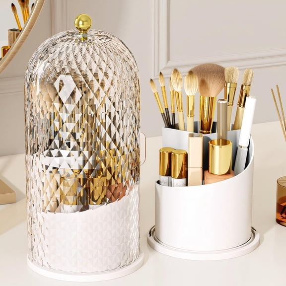 Soda Candy Makeup Brush Organizer with Lid 360° Rotating Dustproof Sliding Door Cosmetic Brush Holder for Vanity Bathroom