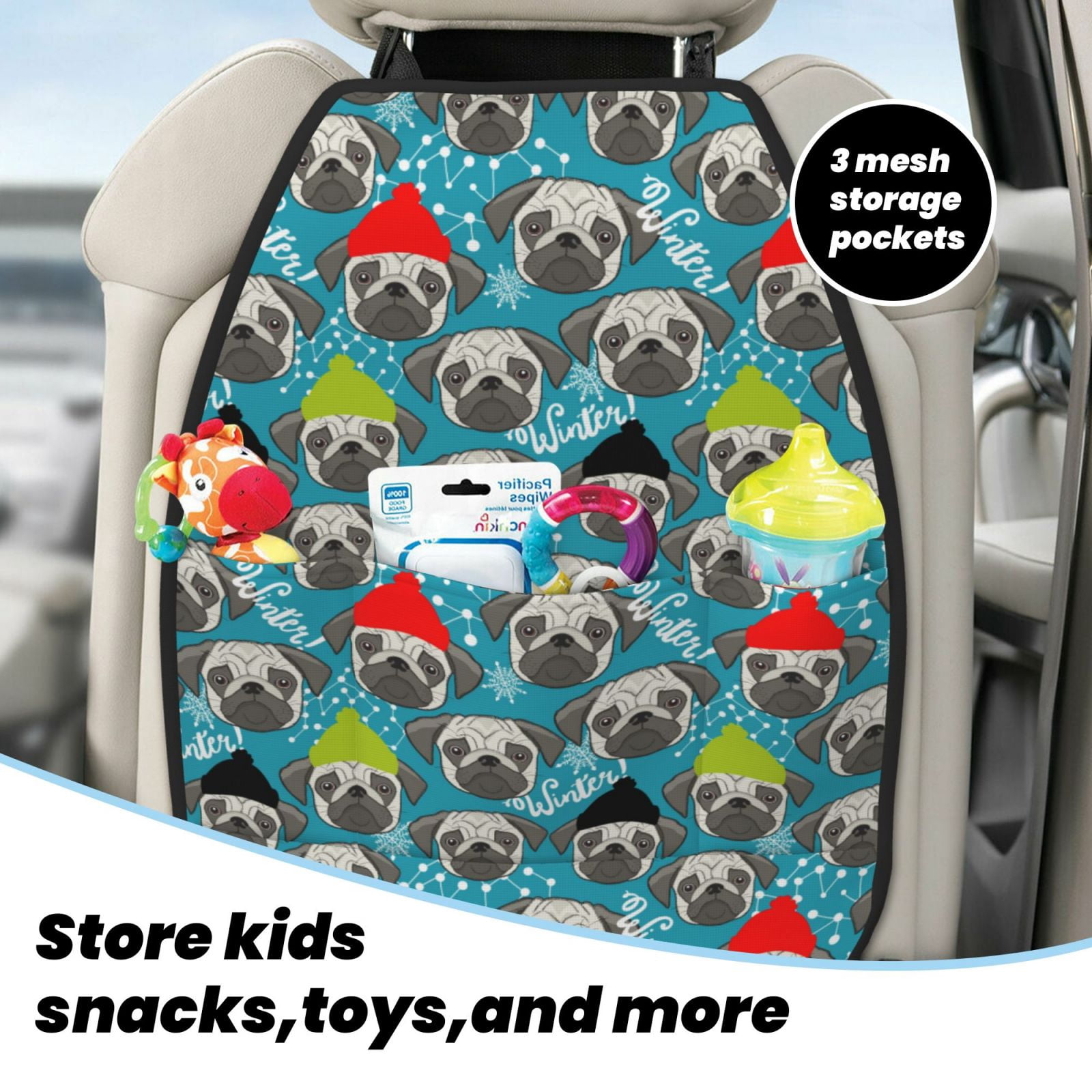 Kdxio Christmas Hat Cute French Bulldog Print 2 Pack Car Kick Mat Seat Cover Back Protector Mat with Pockets for Organizer Backseat Protector and Storage Anti Kick Pad for Vehicles