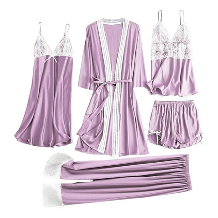 

EUHDSSDE Follure 5PC Women Satin Lace Camisole Trousers Shorts Nightdress Robe Pajamas Lingerie